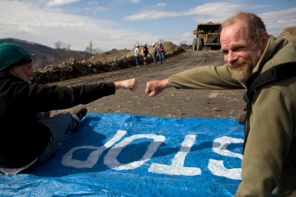 James Guin McGuinness and Mike Roselle on Cherry Pond mountain, southern West Virginia, February 25, 2009.  Roselle and McGuinness successfully halted coal production for about an hour on the mountaintop removal site as part of a sustained campaign of non violent civil disobedience that has surged in southern West Virginia this year.