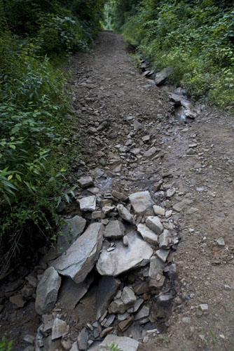 About half way up the Lindytown side of Cook Mountain, a washout gulley is blocking access to three Cook family cemeteries on Cook Mountain in Boone County, WV. photograph (c) antrim caskey, 2009